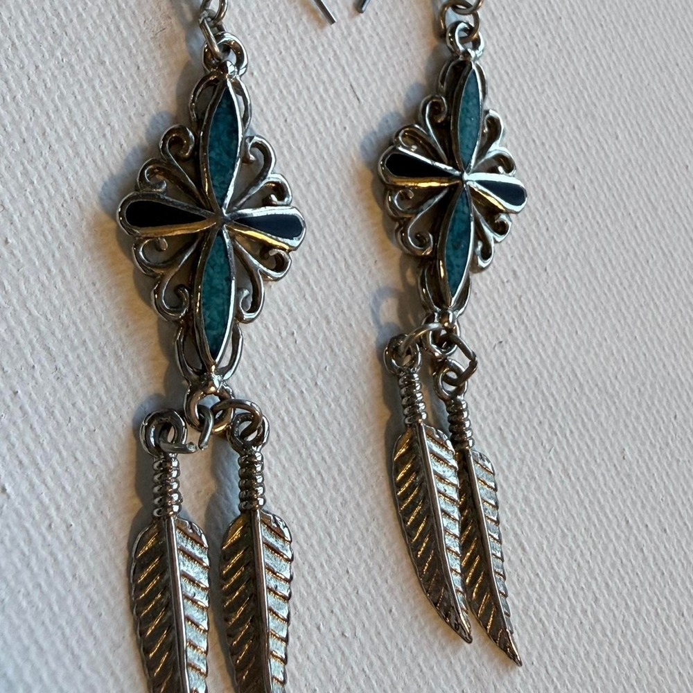 Silver and turquoise feather earrings